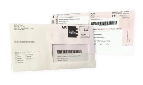 CTT envelope with Registered Mail stamp, Acknowledgement of Receipt slip and AR form returned to your address.